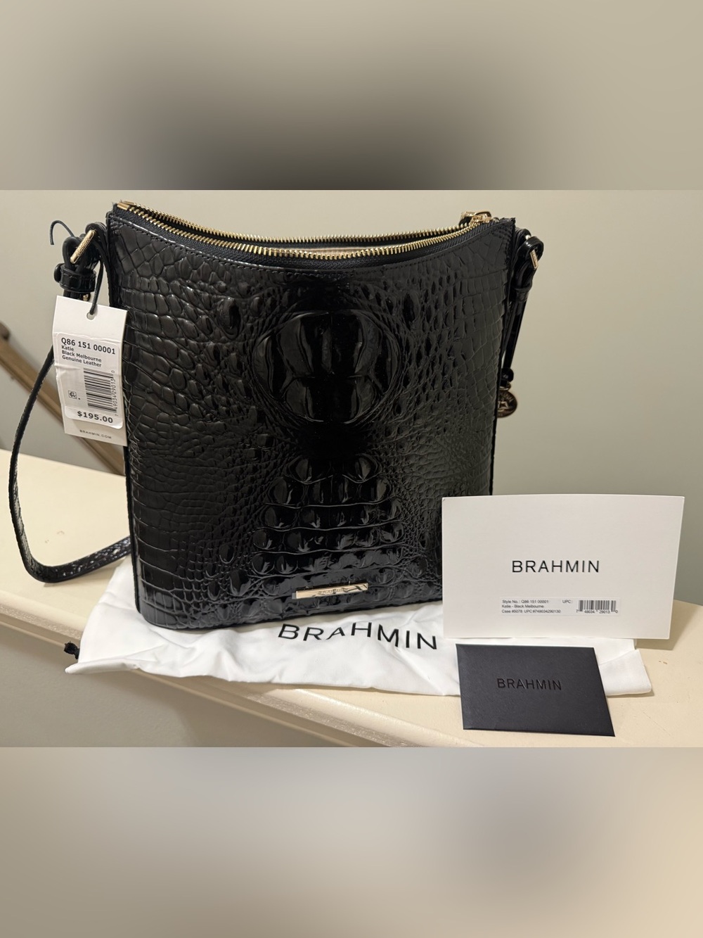 NWT Brahmin Katie Black Croc-Embossed Leather Crossbody with Gold Hardware - Picture 2 of 5